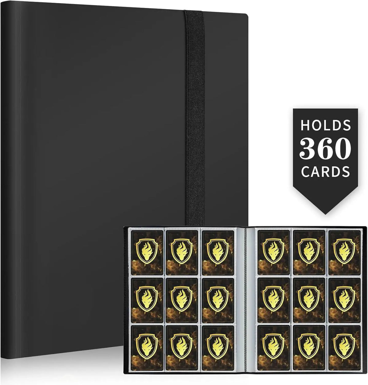 A black trading card storage binder with a protective sleeve, showing it holds 360 cards.