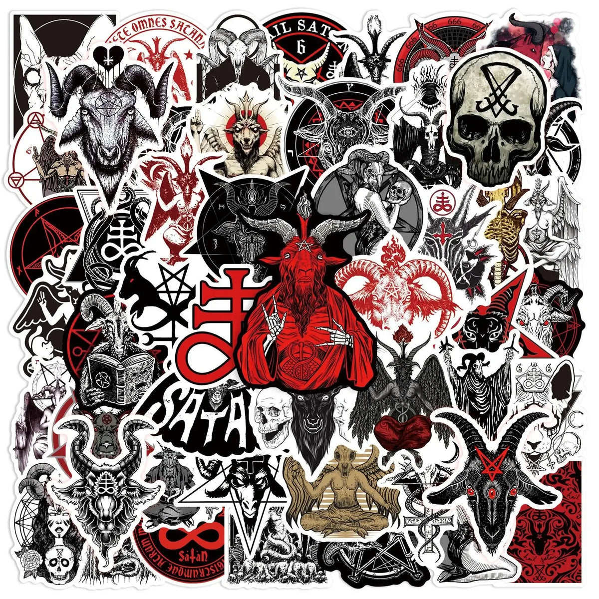A collection of dark, gothic, and skull-themed stickers featuring various occult symbols and imagery.