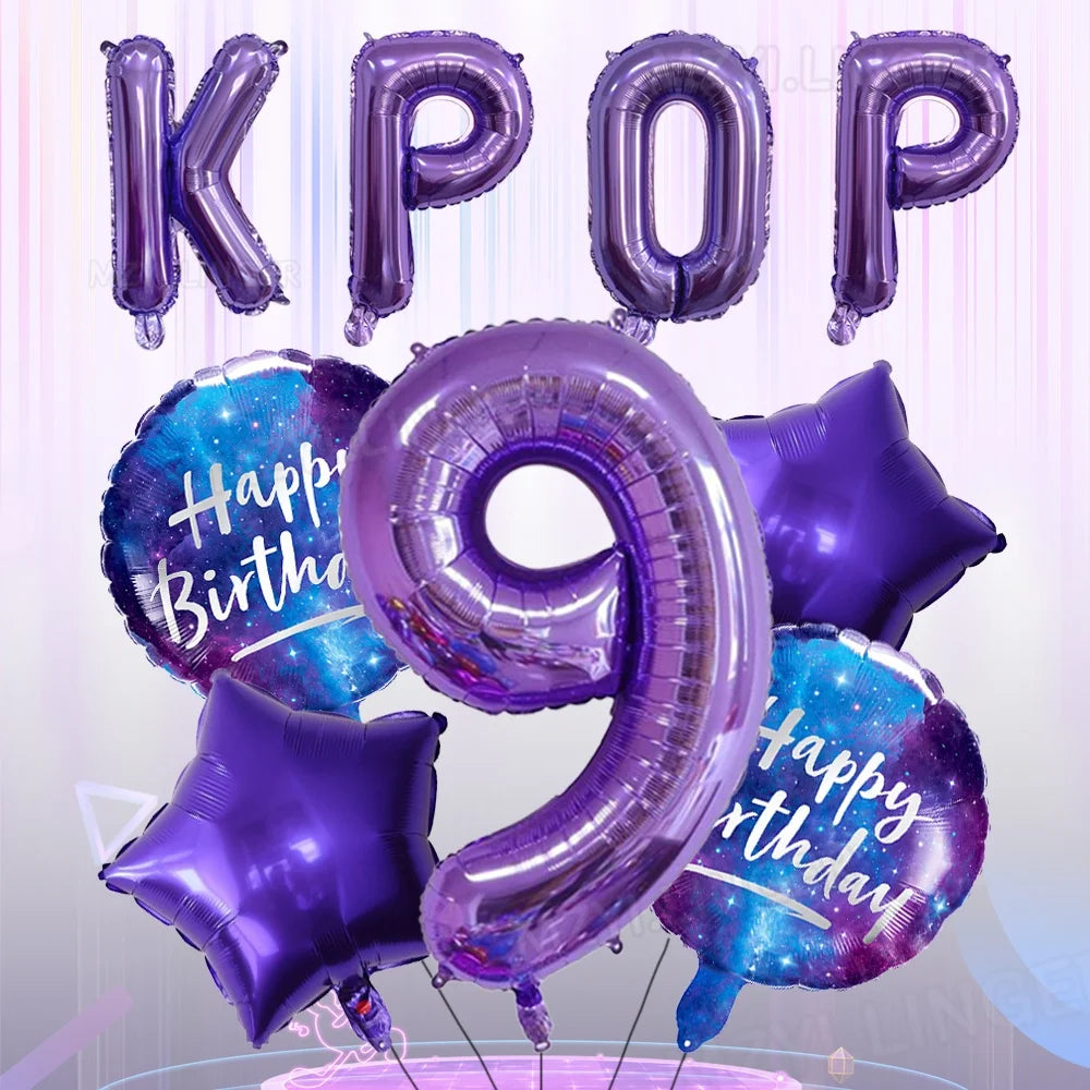 A set of purple foil number balloons spelling KPOP and the number 9, including star-shaped balloons.