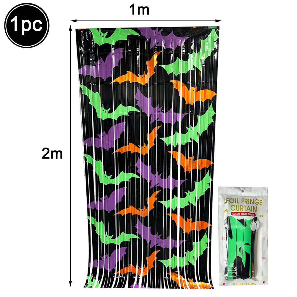 Halloween Foil Fringe Curtain – Pumpkin, Ghost & Bat Print Party Backdrop