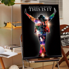 A poster featuring a silhouette of Michael Jackson with colorful lights and stage elements against a black background.