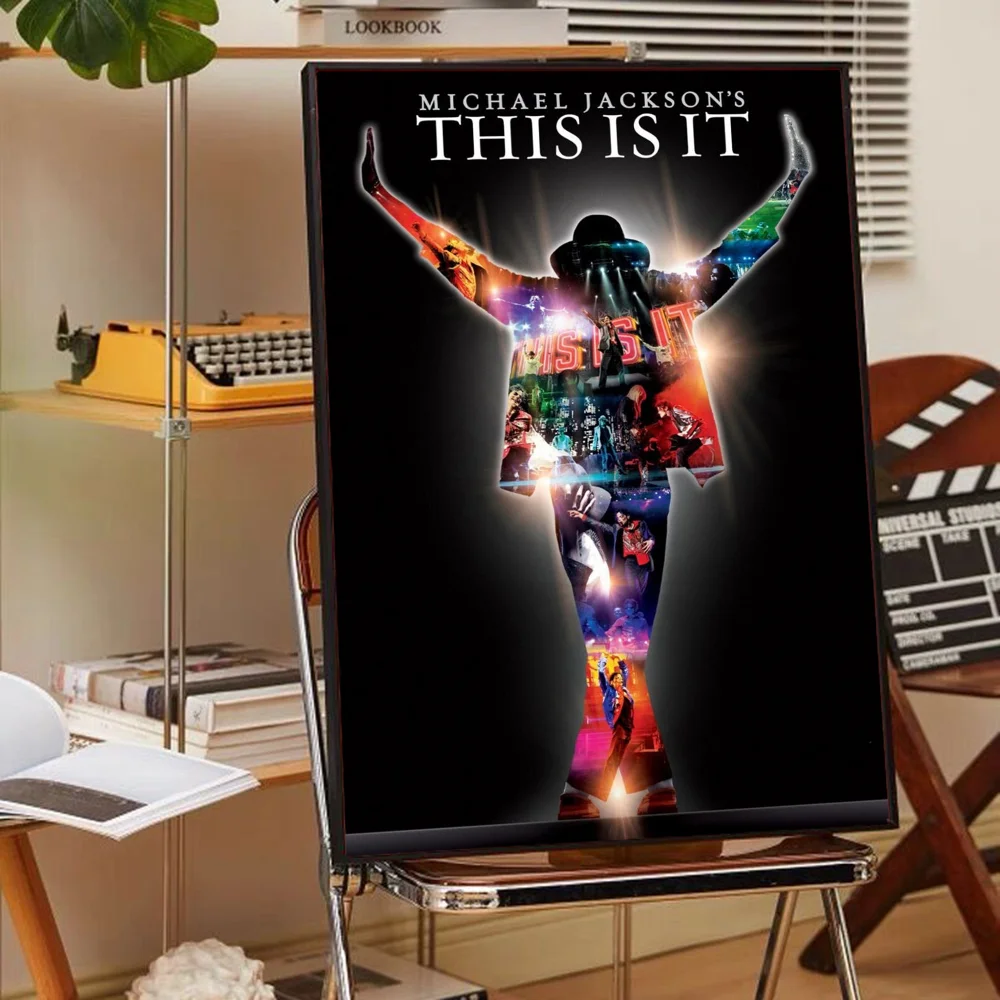 A poster featuring a silhouette of Michael Jackson with colorful lights and stage elements against a black background.