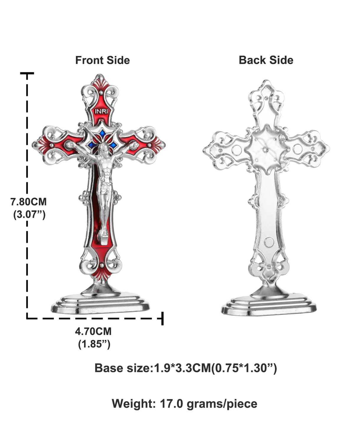 Front and back views of a metal crucifix desk cross with a self-adhesive base