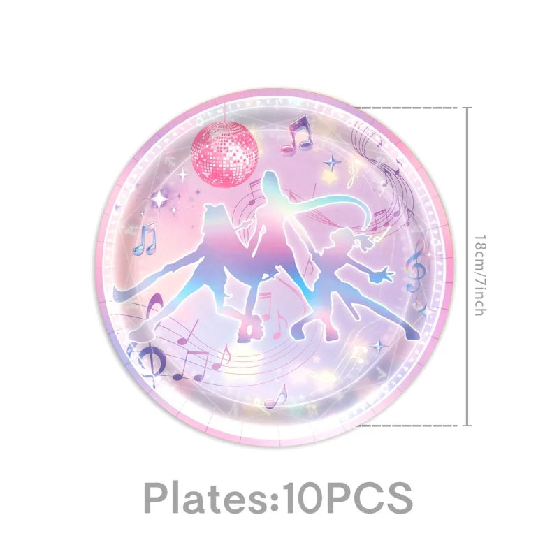 A set of 10 pink and purple plates with a K-Pop theme featuring silhouettes and musical notes.