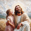 A painting depicting Jesus embracing a young child against a bright, radiant background.
