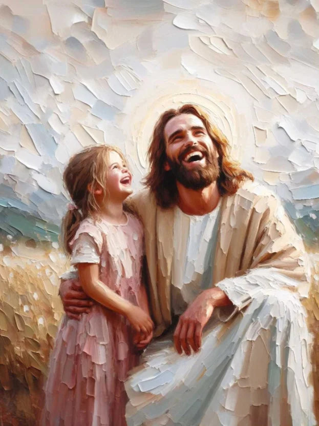 A painting depicting Jesus embracing a young child against a bright, radiant background.