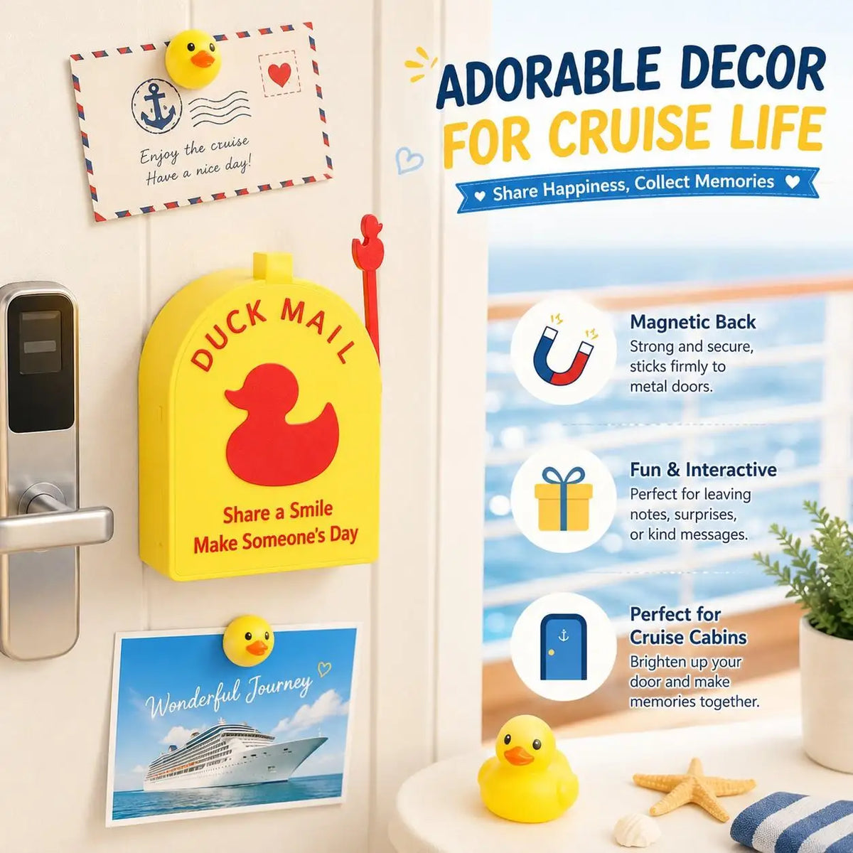 Yellow magnetic duck mail box decor for cruise life with a postcard featuring a ship.