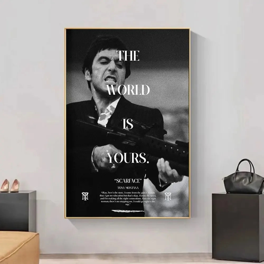 Canvas wall art featuring a black and white portrait of a man with the text The World Is Yours