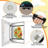 Diagram showing features of a Kids Art Display Frame including magnetic suction switch, hook, elastic fixation band, and meta
