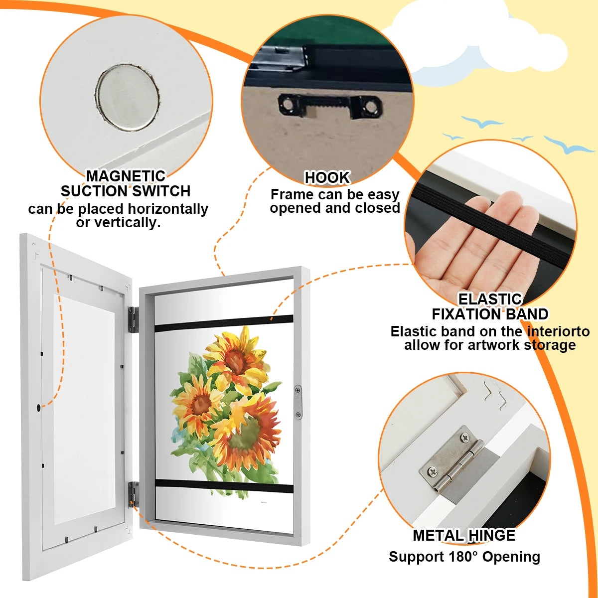 Diagram showing features of a Kids Art Display Frame including magnetic suction switch, hook, elastic fixation band, and meta