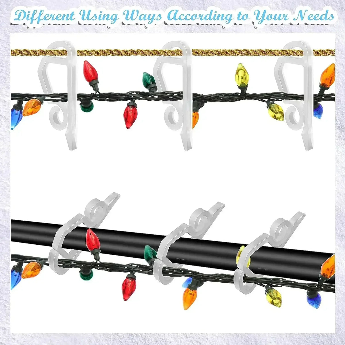 A set of weatherproof outdoor light string clips in various colors and shapes for securing lights to wires or strings.