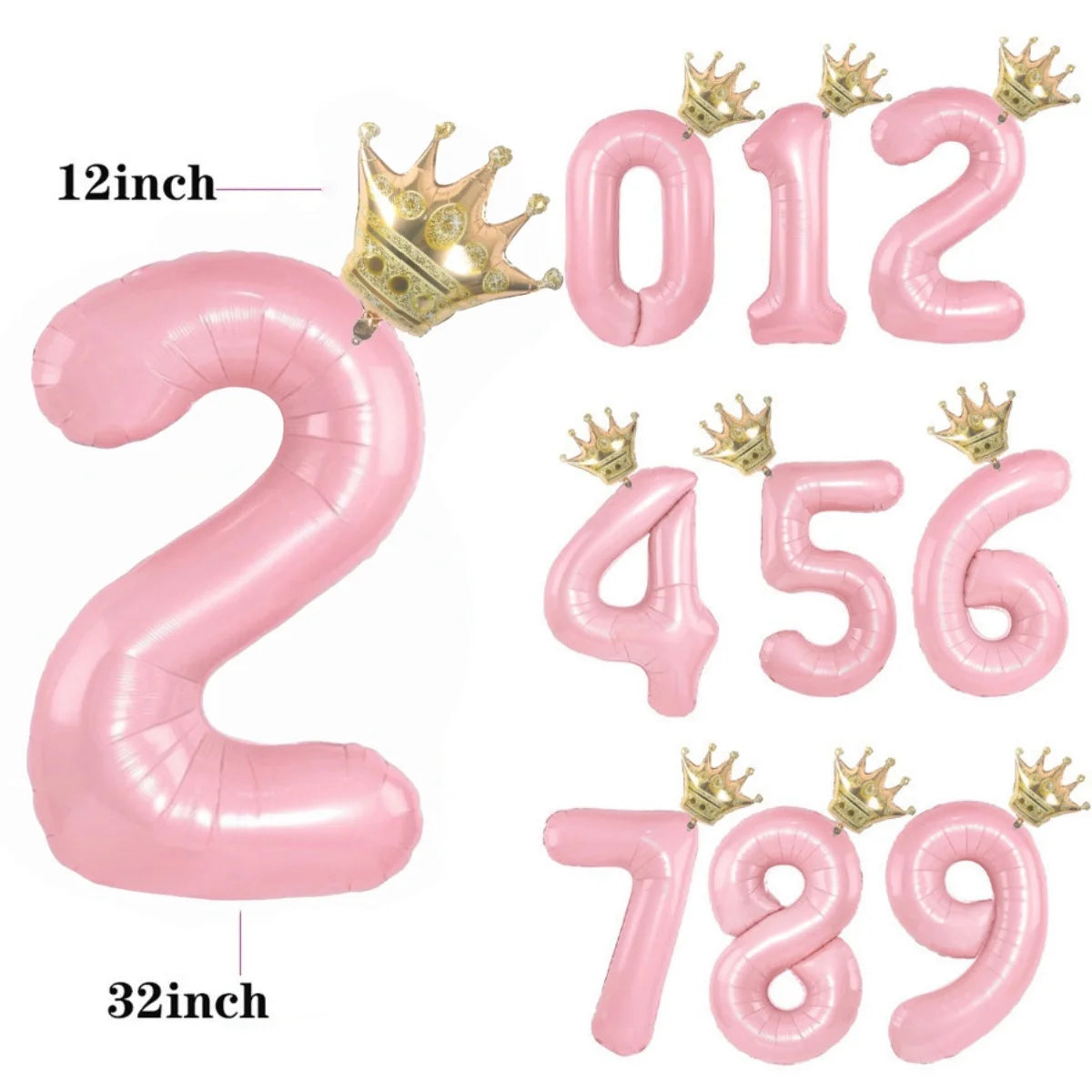 Pink foil crown number balloons spelling out 012 and 456789
