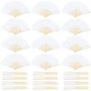 A collection of elegant white and gold paper hand fans shown in various fan shapes and sizes.