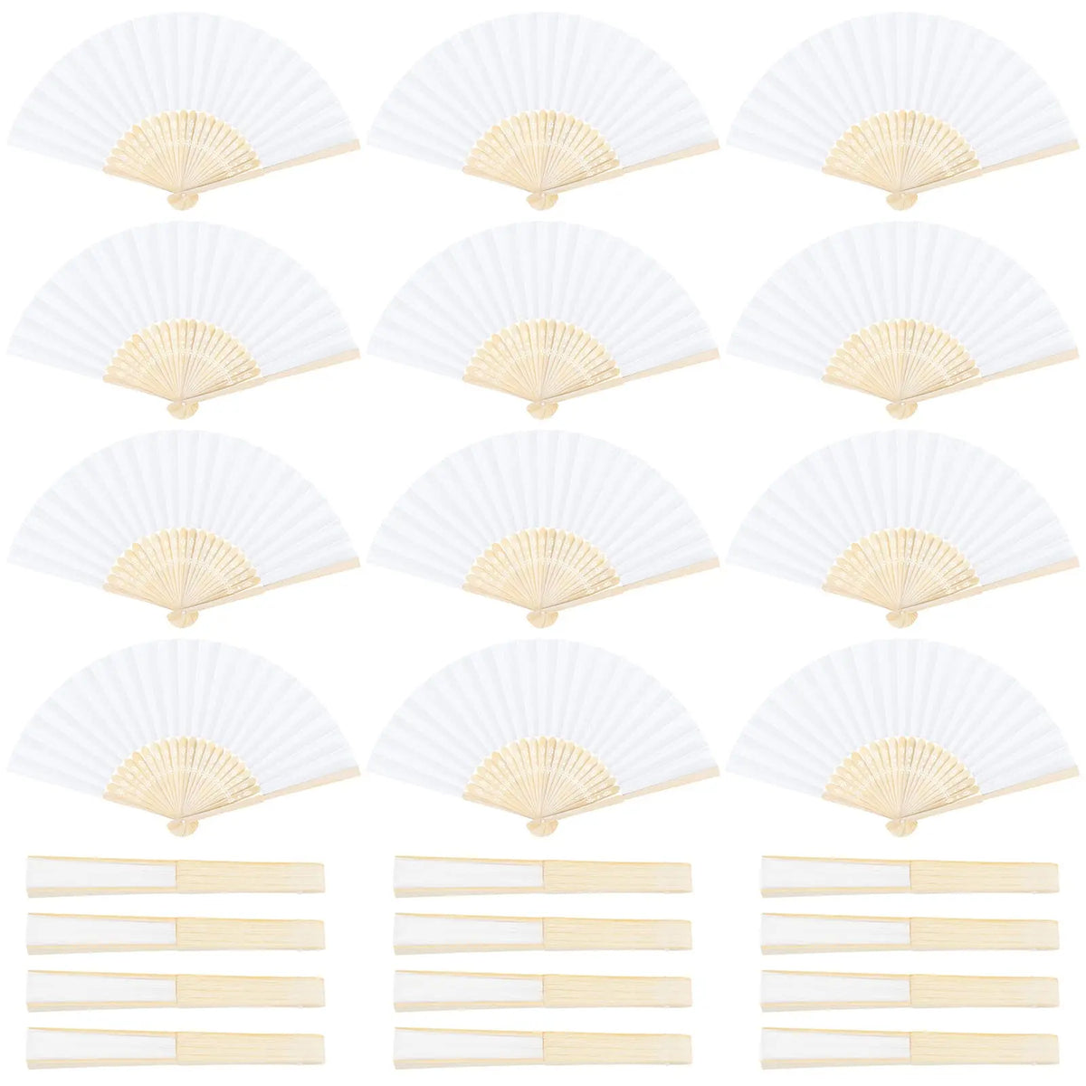 A collection of elegant white and gold paper hand fans shown in various fan shapes and sizes.