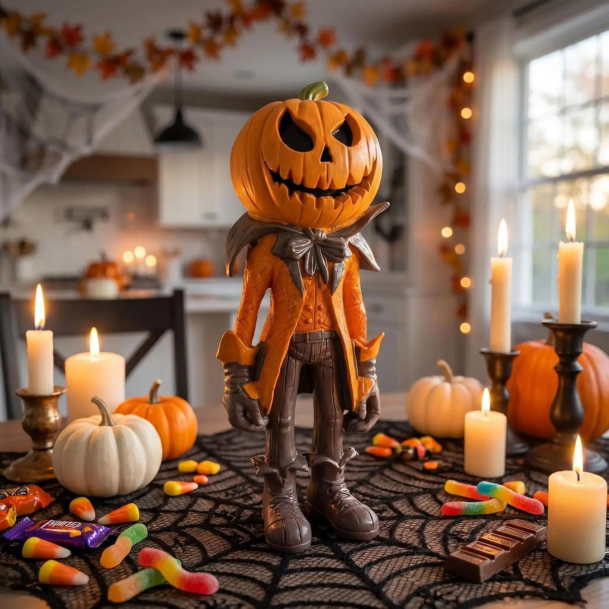 Une figurine de citrouille orange se tient sur un tissu sombre entourée de petites citrouilles et de bougies lumineuses.