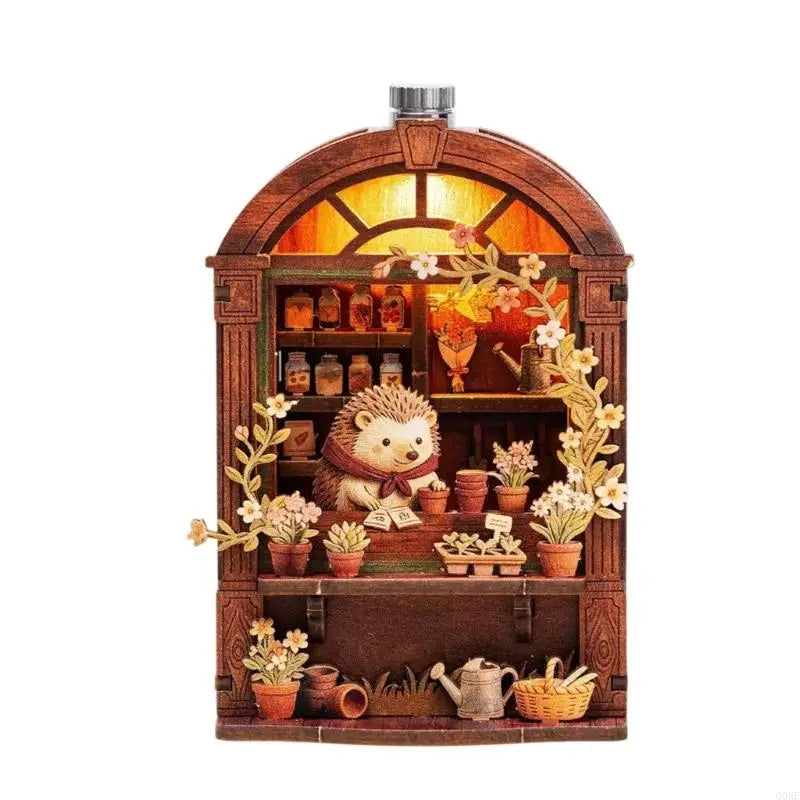 A wooden layered puzzle magnet decor featuring a rustic arched frame filled with small potted plants and decorative items.