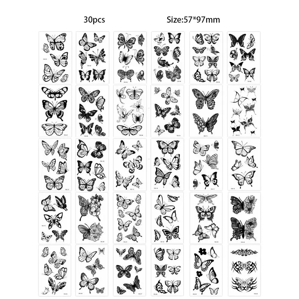 A sheet of realistic black butterfly temporary tattoos is shown in a grid format.