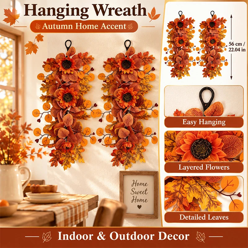 Autumn home decor featuring a hanging wreath of orange and yellow sunflowers and maple leaves.