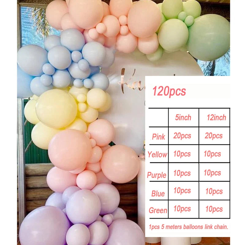 A collection of pink, yellow, purple, blue, and green balloons arranged in a garland display.