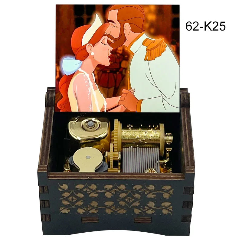 A wooden music box featuring an illustration of a couple and an antique music box mechanism.
