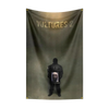 A dark tapestry featuring the text VULTURES 2 and a portrait of a man.