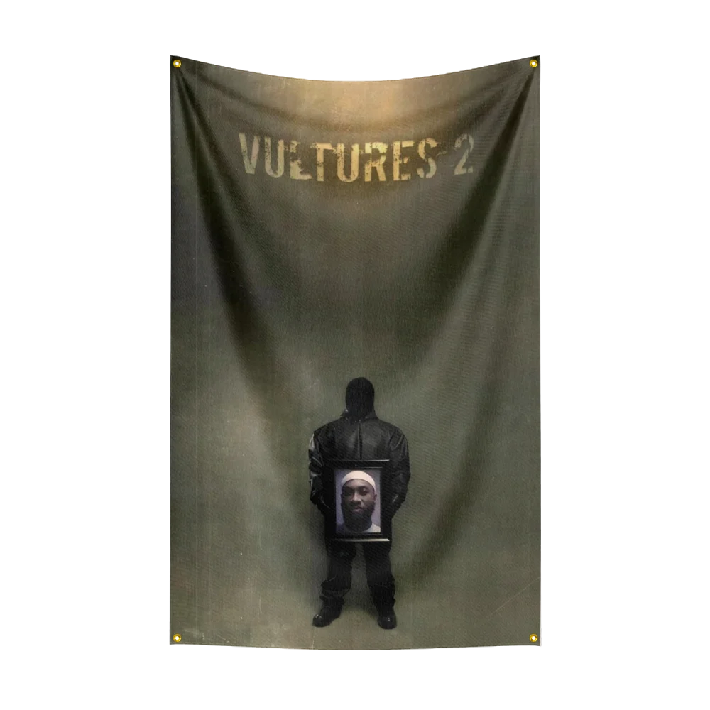 A dark tapestry featuring the text VULTURES 2 and a portrait of a man.
