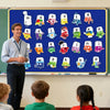 A blue magnetic alphabet chart featuring colorful popsicle shaped letters for teaching the alphabet.