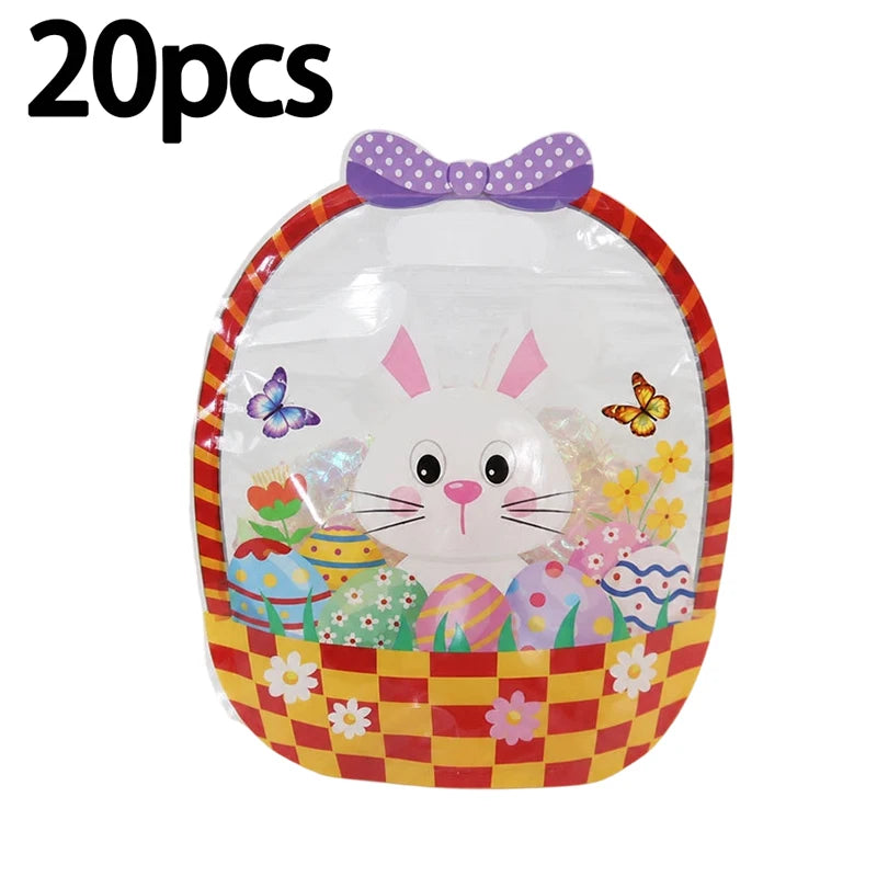 A clear plastic bag shaped like a rabbit with pink ears and a purple bow, filled with various Halloween-themed treats.