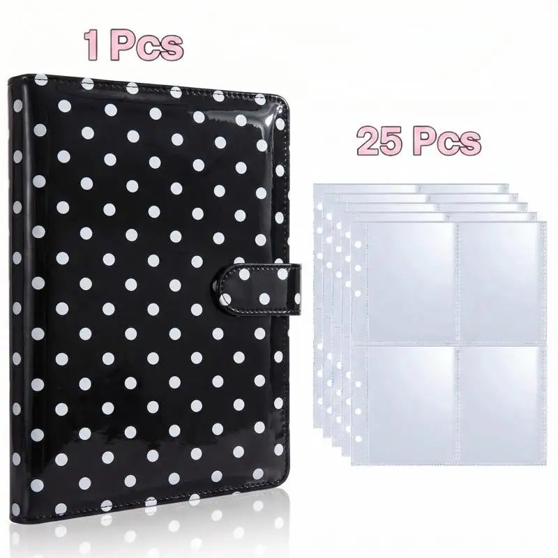 A black glossy photo card album binder with a leather closure and 25 individual clear plastic sleeves.
