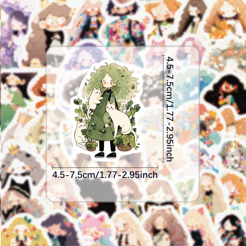 A sticker featuring a green-clad figure with cats and plants surrounding them.