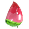 A balloon shaped like a watermelon, featuring pink and green colors with black markings.