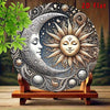 2D flat aluminum wall art featuring a detailed silver and gold sun and crescent moon design on a wooden stand.