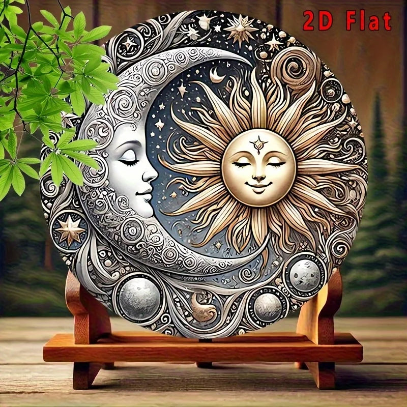 2D flat aluminum wall art featuring a detailed silver and gold sun and crescent moon design on a wooden stand.