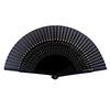 A black bamboo folding fan with a classic pleated design.