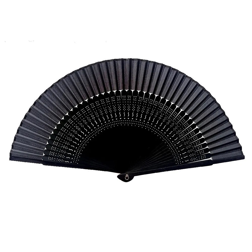A black bamboo folding fan with a classic pleated design.
