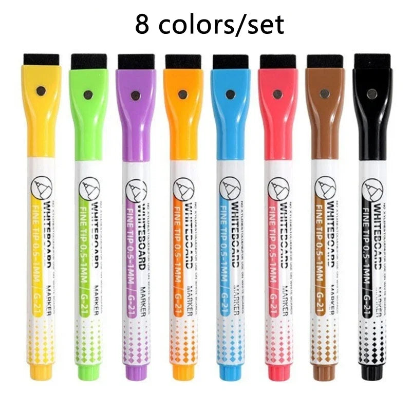 Eight sets of whiteboard markers with fine tips in various colors and tips