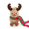 A fluffy brown reindeer plush toy with antlers and a red and green striped scarf.