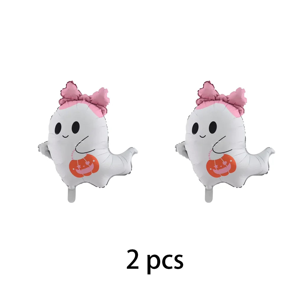 A set of two white ghost foil balloons with pink bows for Halloween party decoration.