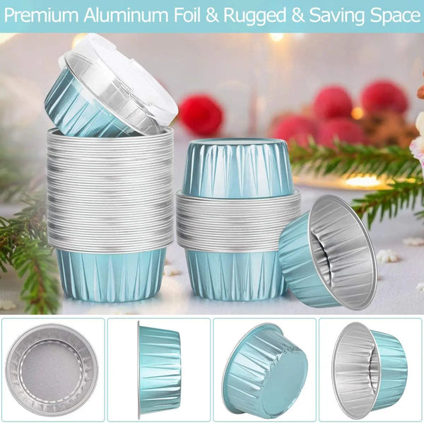 Silver and blue reusable aluminum foil dessert ramekins with lids shown in various angles