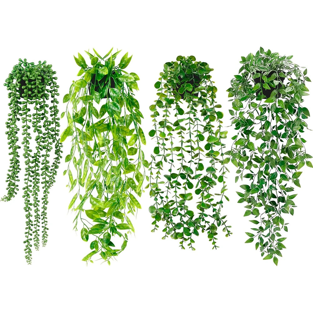Four strands of artificial eucalyptus hanging plants in various shades of green
