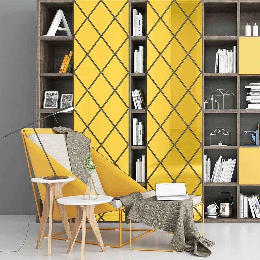 A bright yellow shelving unit with diamond patterned panels displaying various books and decorative items.