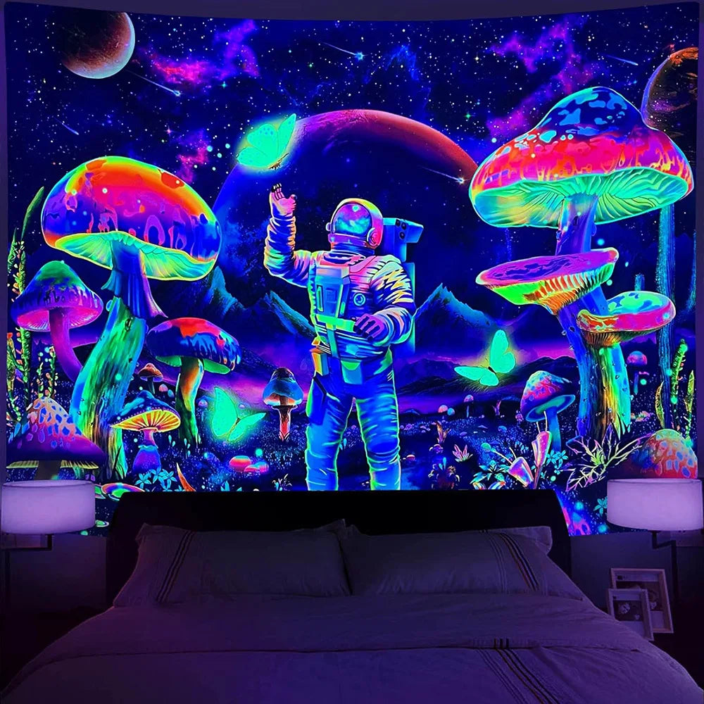A vibrant tapestry featuring an astronaut standing among glowing mushrooms and colorful alien planets against a dark starry b