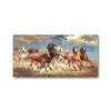 A painting depicting several horses galloping across a field under a dramatic sky.