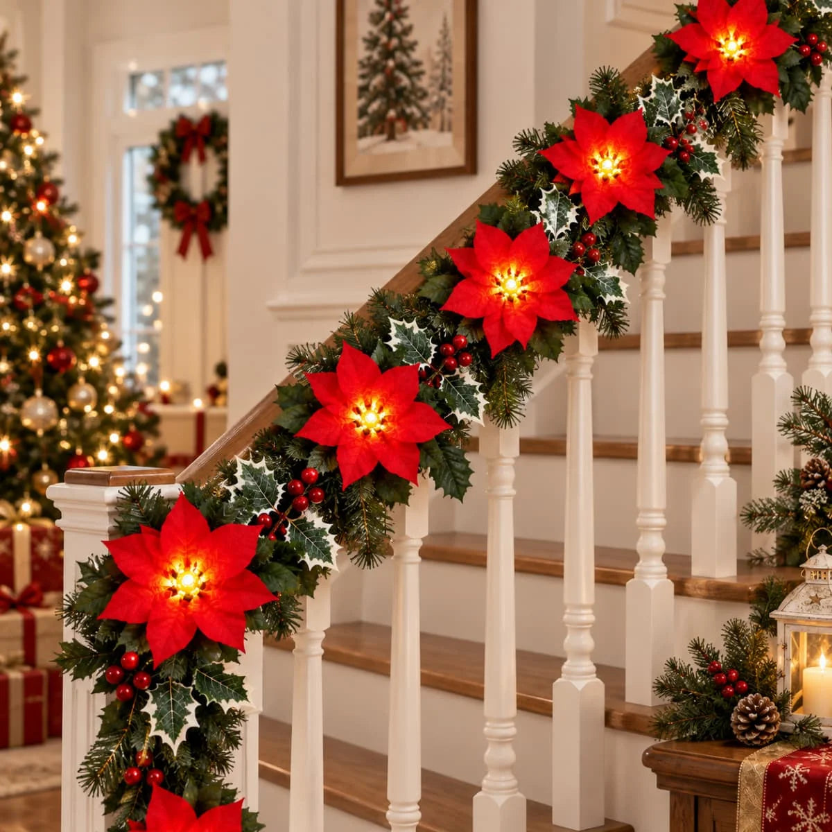 An LED poinsettia garland with warm white lights decorates a staircase for Christmas holiday display.