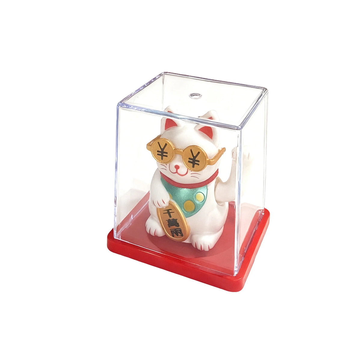 A white cat figurine with gold-rimmed glasses and a green collar is displayed inside a clear acrylic box.