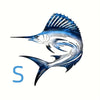 A stylized silver and blue fish silhouette with fin rays, used as a decorative letter S.