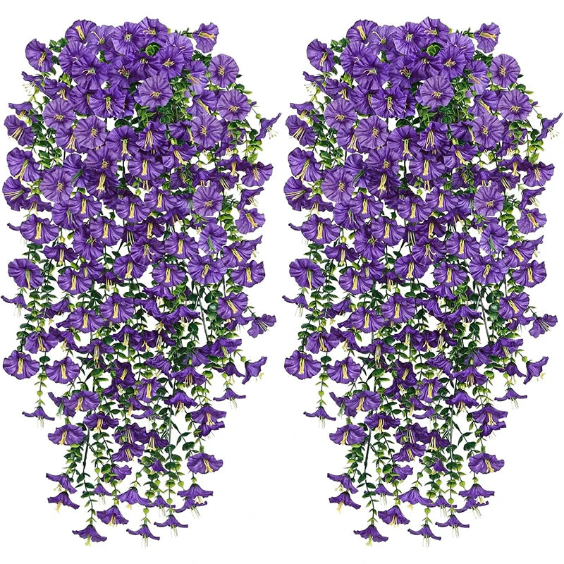 Two vertical arrangements of purple artificial morning glory hanging vines for home and wedding decor