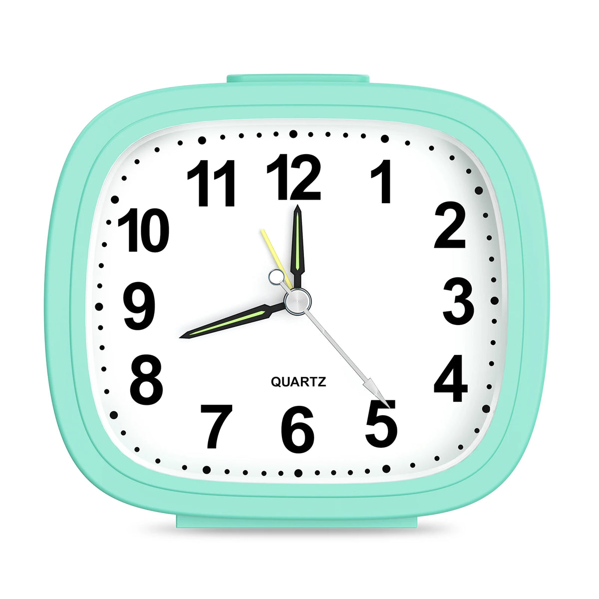A light mint green analog alarm clock face showing 12 o'clock with black numbers and yellow hands.