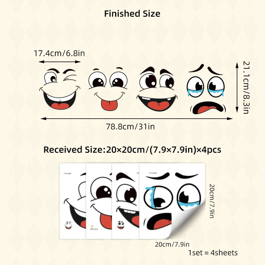 Finished size comparison showing a cartoon face sticker, with received size details and a set of four sheets.