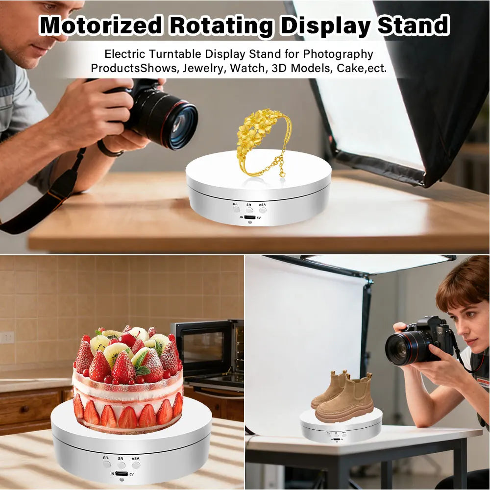 A motorized rotating display stand used to showcase photography products, jewelry, watches, and 3D models.